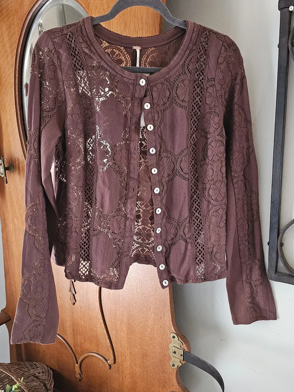 Free People Brown Lace Button Front Cardigan Top Chicory Coffee Boho